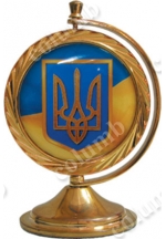 'Small coat of arms of Ukraine' standard formed medal 'galactica', rotating around vertical axis, on a stand
