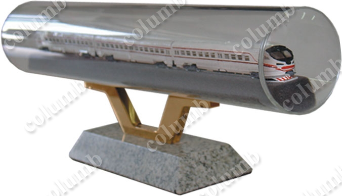Souvenir plastic case for the locomotive model on a stand with a granite basement.
