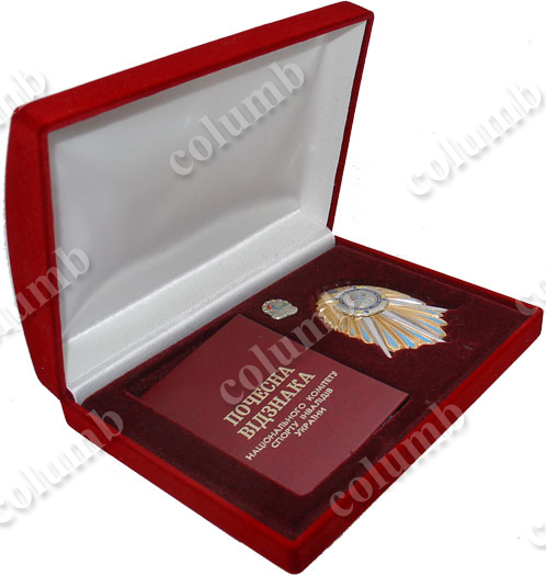 Rectangular case with a flocked lodgment for a badge, a miniature of a badge and certificate