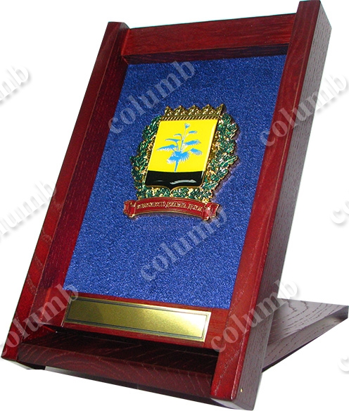 Coat of arms of the Donetsk region in a wooden case